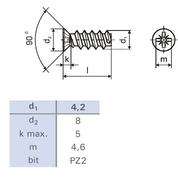 Eurošroub 6,3x13/8 zápustná hlava 8mm PZ2 zinek bílý