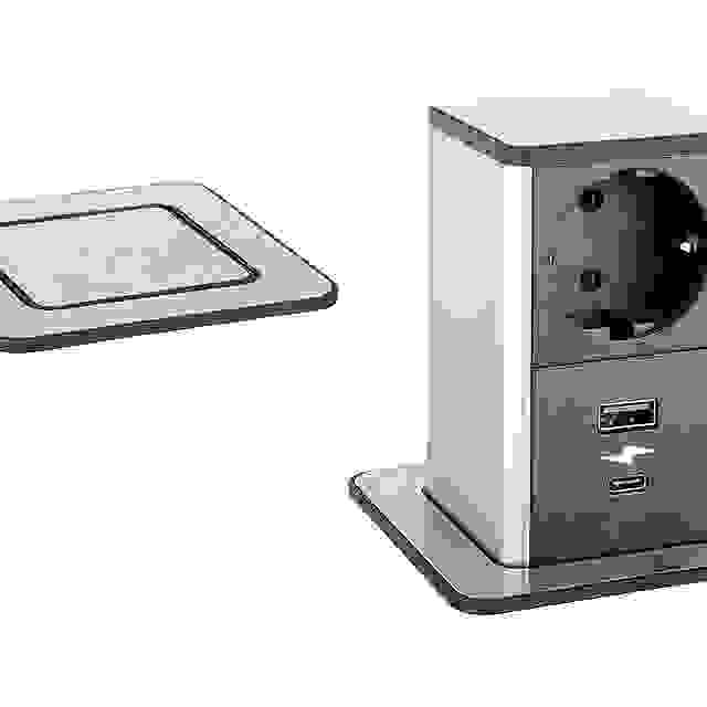 STRONG PowerUp zásuvka, 1x230V, USB A/C nabíjecí, Nerez, Schuko